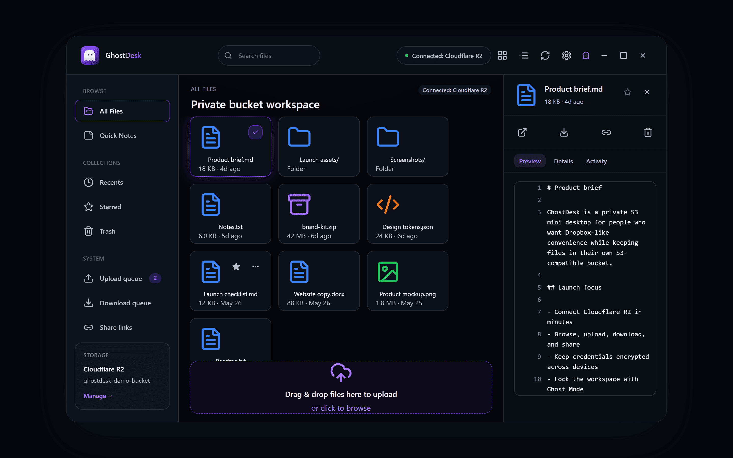 GhostDesk file detail panel with preview and metadata tabs.