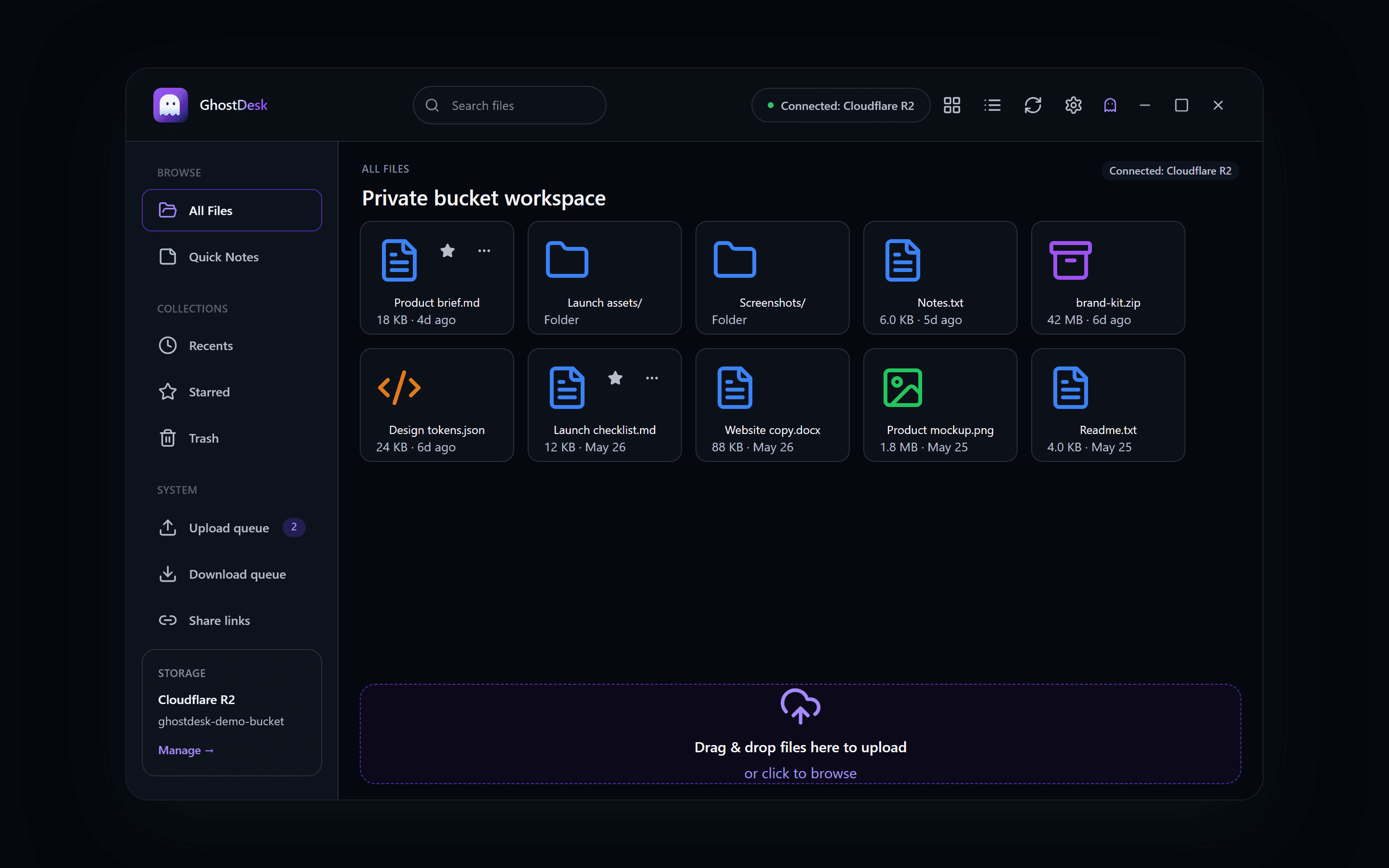 GhostDesk workspace showing a private Cloudflare R2 bucket in grid view.