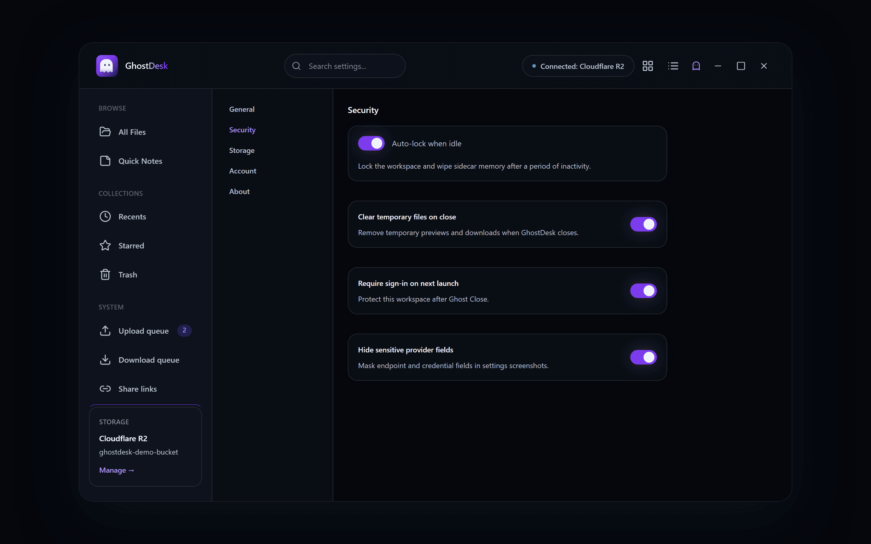GhostDesk settings screen showing auto-lock security controls.