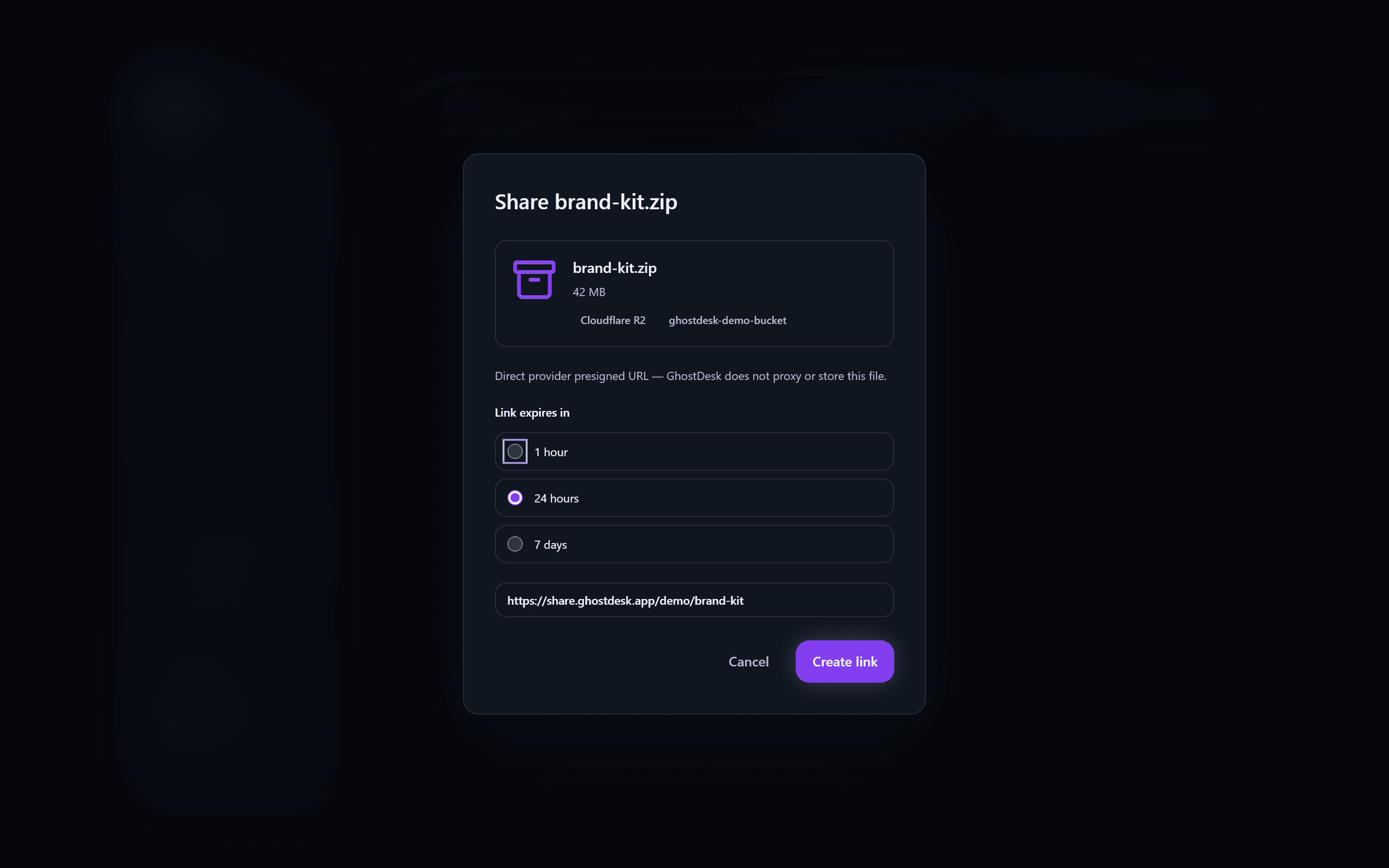GhostDesk share link modal with expiry options.